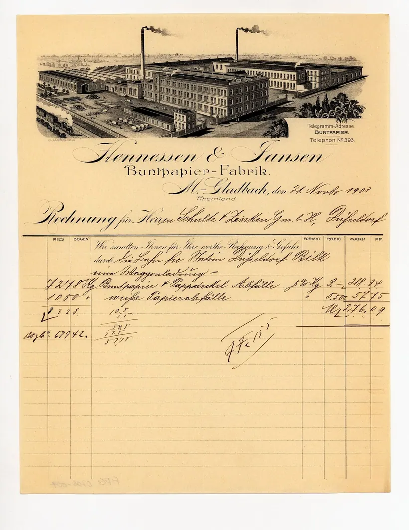 A decorated-paper factory invoice dated 1903, with itemized charges and factory letterhead
